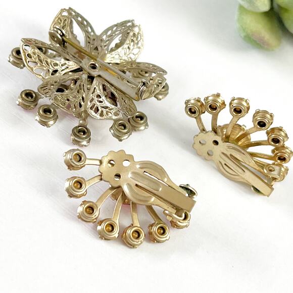 Vintage Pink Rhinestone Flower Burst Brooch & Clip Earring Set - Picture 6 of 6